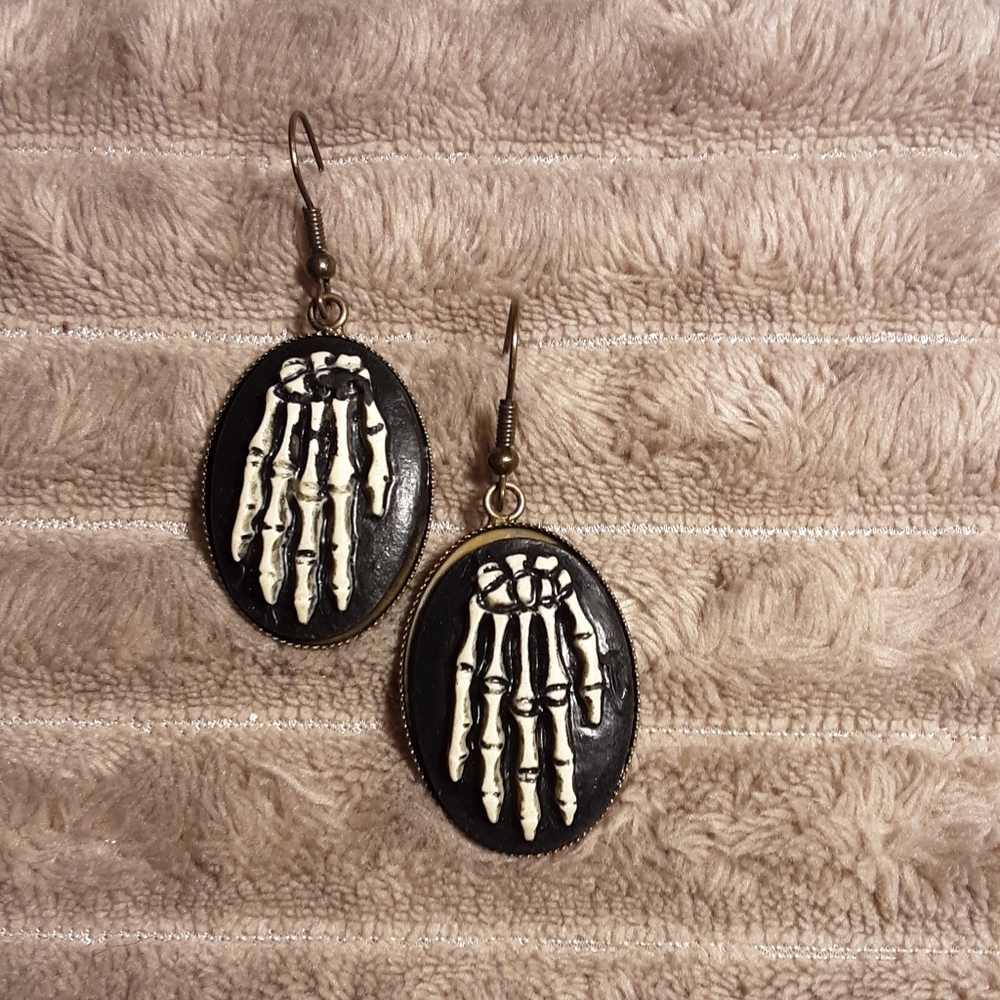 Handcrafted Skeleton Hand Cameo Style Earrings, Punk Goth Spooky Emo - Picture 2 of 3